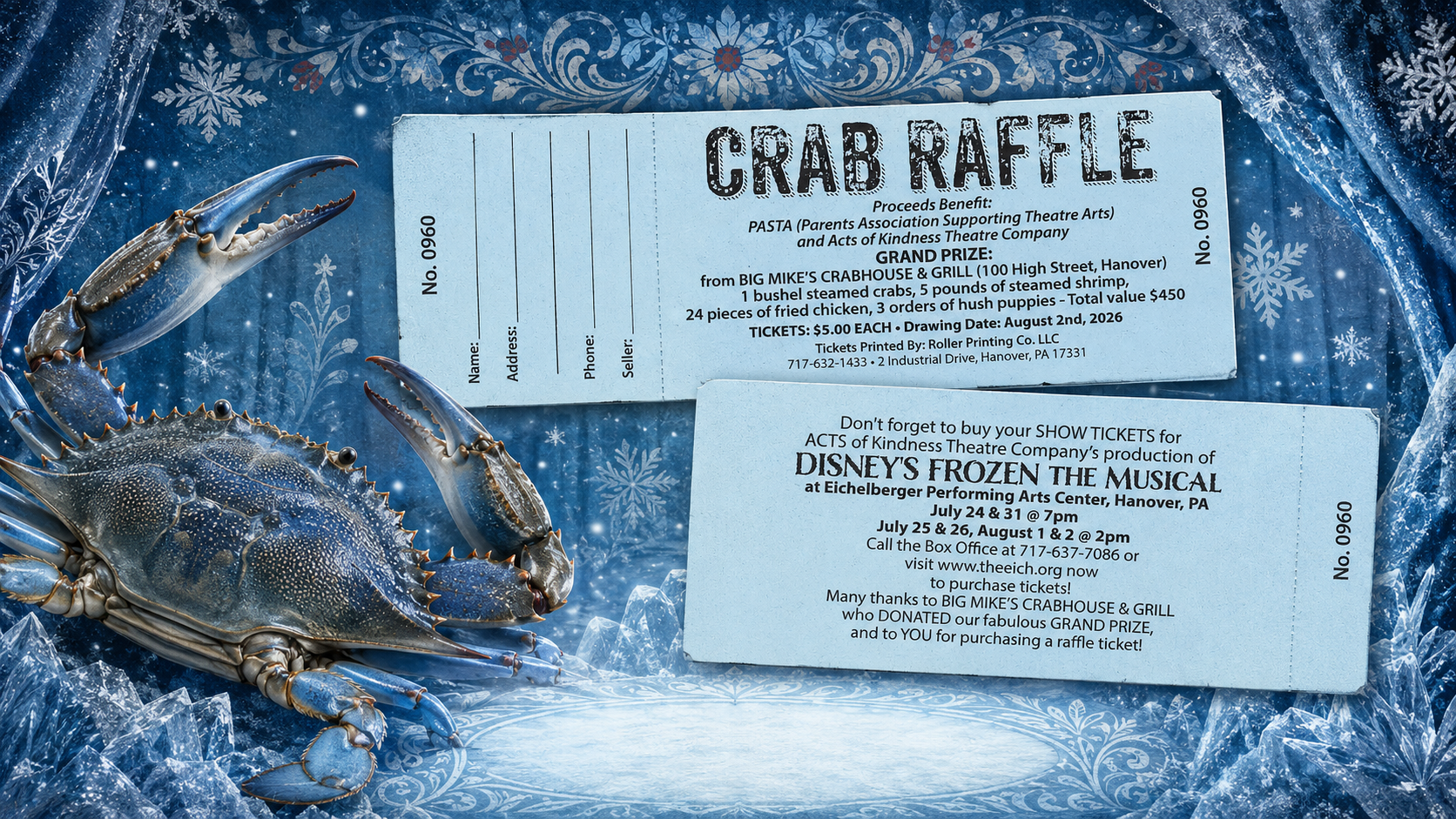 Crab Raffle ticket artwork featuring the Frozen-themed raffle prize and show information